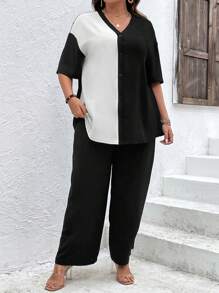 SHEIN LUNE Plus Two Tone Drop Shoulder Shirt & Wide Leg Trousers - Black and White - View 4