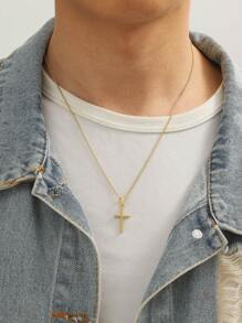 1入組嘻哈十字吊墜項鍊男式女式日常裝飾，打造時尚外觀 - 金黃色 - 查看 1