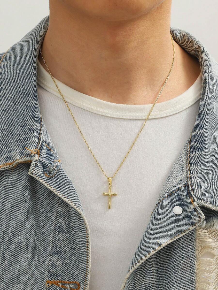 1入組嘻哈十字吊墜項鍊男式女式日常裝飾，打造時尚外觀 - 金黃色 - 查看 1