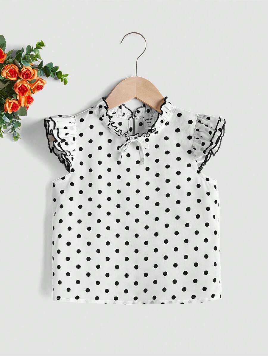 SHEIN Young Girl Polka Dot Print Ruffle Trim Mock Neck Top - Black and White - View 1