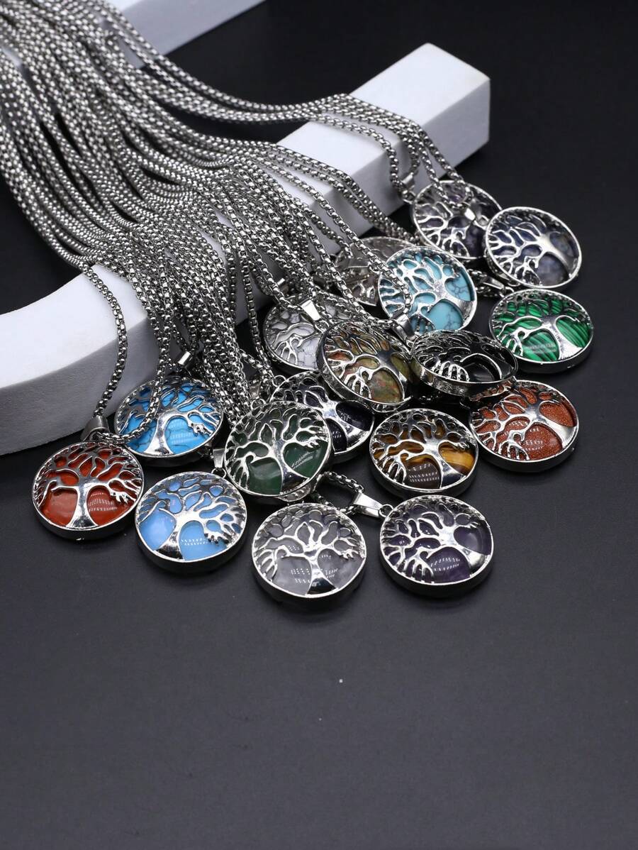 1 PC Thời Trang Họa Tiết Cây Tròn Xanh Đá Quý Dây Chuyền Nữ Cho Hàng Ngày Phụ Kiện Trang Sức - màu xanh lá - Xem 1