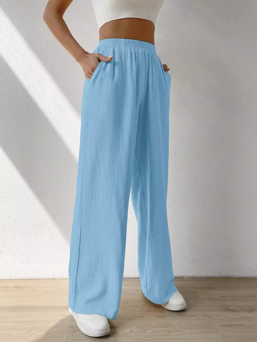SHEIN EZwear Solid Slant Pocket Wide Leg Trousers - Blue - View 1