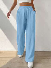 SHEIN EZwear Solid Slant Pocket Wide Leg Trousers - Blue - View 3