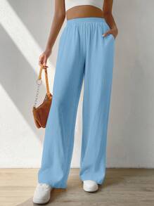 SHEIN EZwear Solid Slant Pocket Wide Leg Trousers - Blue - View 4