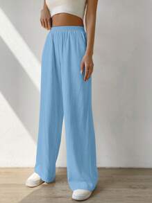 SHEIN EZwear Solid Slant Pocket Wide Leg Trousers - Blue - View 5