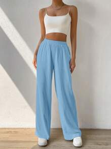 SHEIN EZwear Solid Slant Pocket Wide Leg Trousers - Blue - View 6