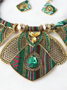 復古鋅合金幾何吊墜項鍊和耳墜適合女士適用於日常 - 綠色 - 查看 6