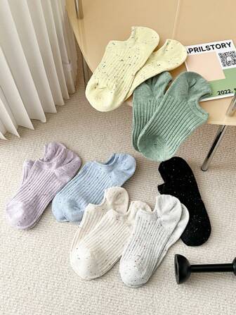 1雙女士雜色針織休閒船襪適用於日常