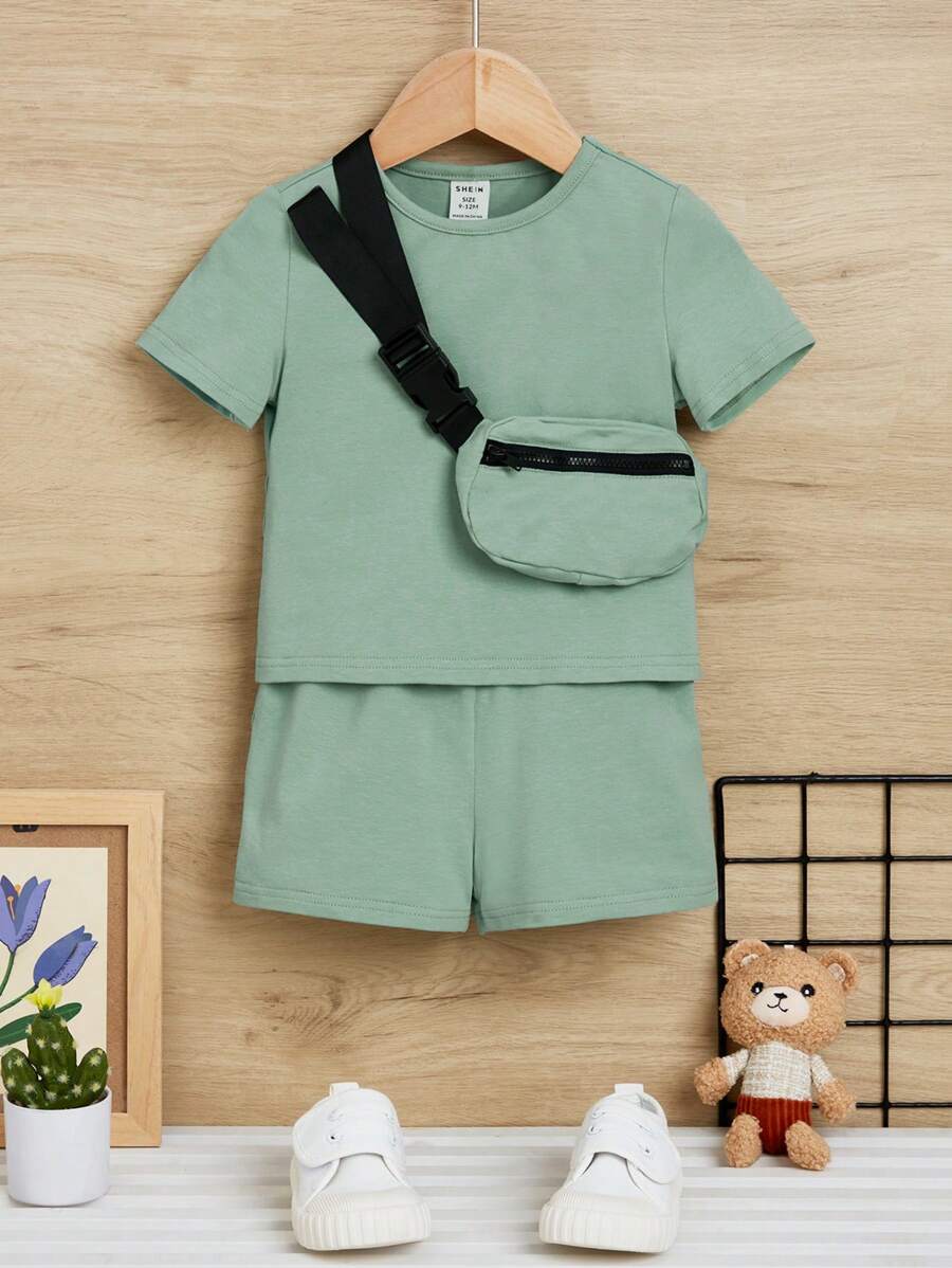 SHEIN 男嬰素色T恤和短褲和包 - 薄荷綠 - 查看 1