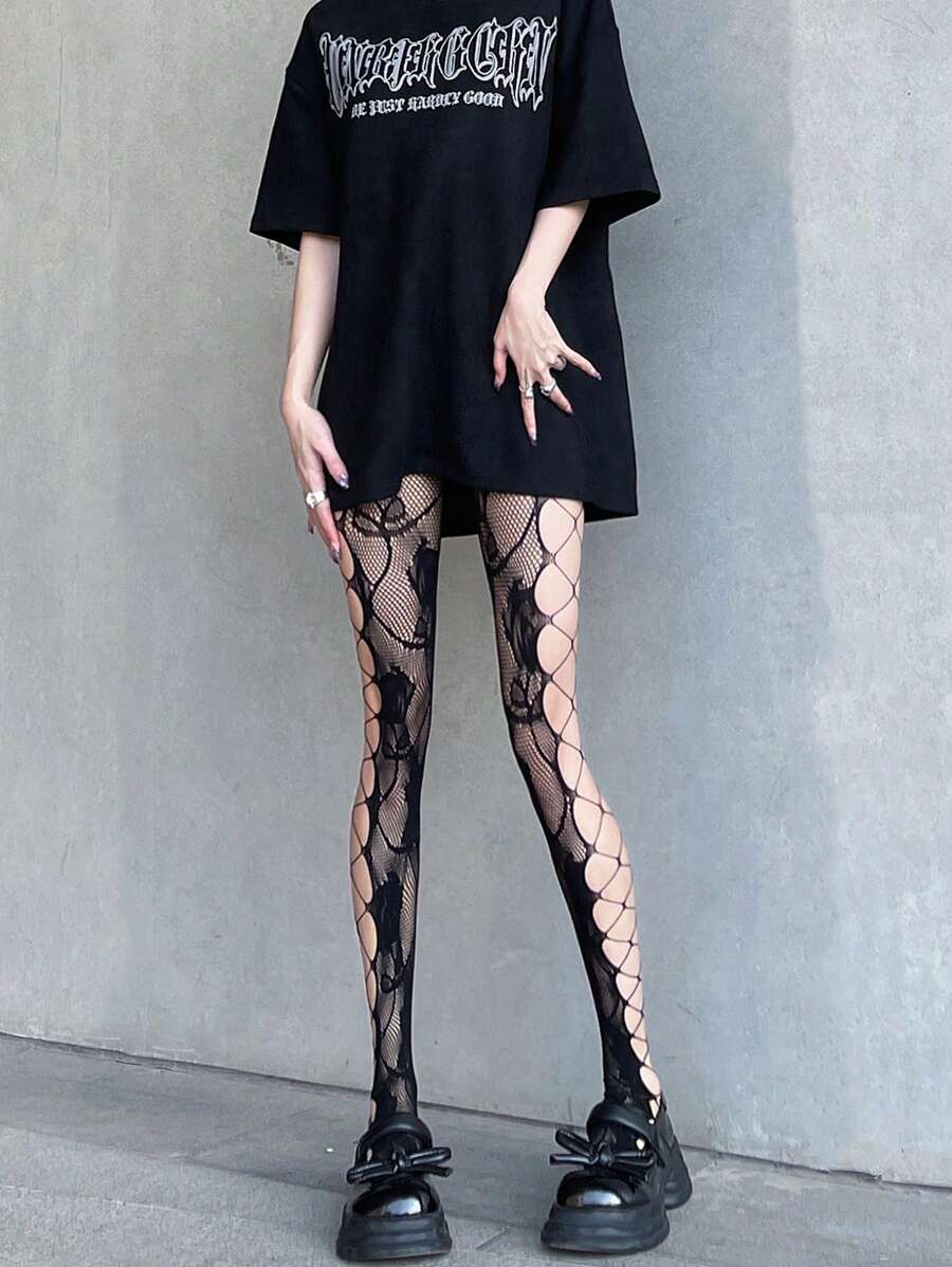 1 Đôi Nữ Rỗng Ra Hoa Dạ Nỉ Thời Trang Quần Lưới Cá Cho Cuộc Sống Hàng Ngày - màu đen - Xem 1