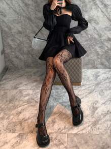 1雙空心花邊蕾絲連褲襪，日系蘿莉塔復古花卉藤蔓白色絲襪，女士緊身褲 - 黑色 - 查看 3