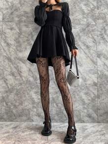 1雙空心花邊蕾絲連褲襪，日系蘿莉塔復古花卉藤蔓白色絲襪，女士緊身褲 - 黑色 - 查看 4