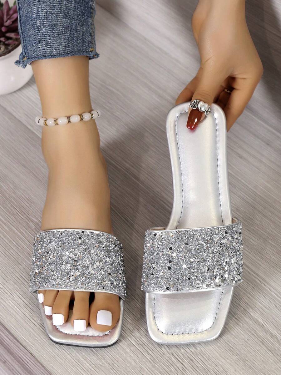 Women Rhinestone & Sequin Decor Flat Sandals, Glass Glamorous Slide Sandals For Outdoor - Silver - View 1