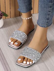 Women Rhinestone & Sequin Decor Flat Sandals, Glass Glamorous Slide Sandals For Outdoor - Silver - View 2