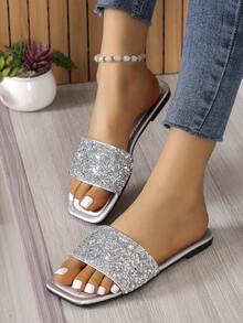 Women Rhinestone & Sequin Decor Flat Sandals, Glass Glamorous Slide Sandals For Outdoor - Silver - View 5