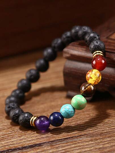 KWHY 1pc Lava Rock Chakra Bracelet 7 Chakra 8mm Natural Stone Healing Bracelet Stress Relief Yoga Beads Anxiety Bracelet Aromatherapy Essential Oil Diffuser Bracelet Bangle