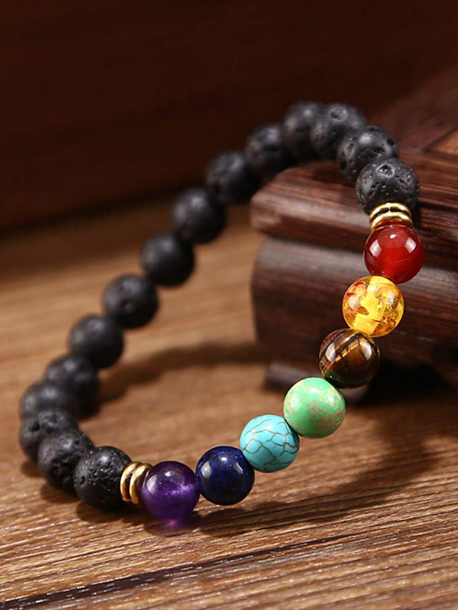 KWHY 1pc Lava Rock Chakra Bracelet 7 Chakra 8mm Natural Stone Healing Bracelet Stress Relief Yoga Beads Anxiety Bracelet Aromatherapy Essential Oil Diffuser Bracelet Bangle
