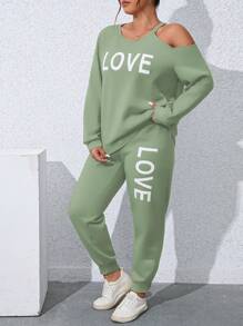 SHEIN LUNE Bộ thời trang Plus Size Bất đối xứng Lá thư Giải trí - màu xanh lá - Xem 1