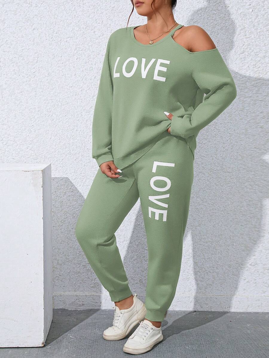 SHEIN LUNE Bộ thời trang Plus Size Bất đối xứng Lá thư Giải trí - màu xanh lá - Xem 1