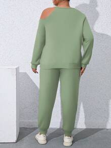 SHEIN LUNE Bộ thời trang Plus Size Bất đối xứng Lá thư Giải trí - màu xanh lá - Xem 2