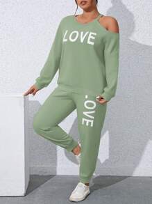 SHEIN LUNE Bộ thời trang Plus Size Bất đối xứng Lá thư Giải trí - màu xanh lá - Xem 3