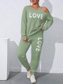 SHEIN LUNE Bộ thời trang Plus Size Bất đối xứng Lá thư Giải trí - màu xanh lá - Xem 5
