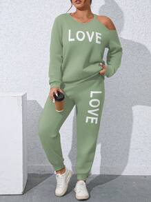 SHEIN LUNE Bộ thời trang Plus Size Bất đối xứng Lá thư Giải trí - màu xanh lá - Xem 6