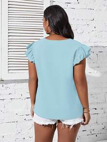 Celure 大碼條紋印花荷葉邊交疊領蝴蝶袖襯衫 - 藍色 - 查看 2