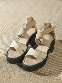 Women Criss Cross Platform Ankle Strap Sandals, Elegant Outdoor Faux Suede Wedge Sandals - Apricot - View 9