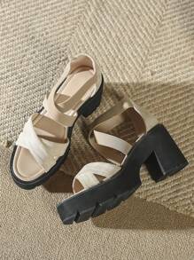 Women Criss Cross Platform Ankle Strap Sandals, Elegant Outdoor Faux Suede Wedge Sandals - Apricot - View 11