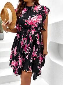 SHEIN Clasi Váy tay cánh bướm in hoa có thắt lưng cho mùa hè - màu đen - Xem 1