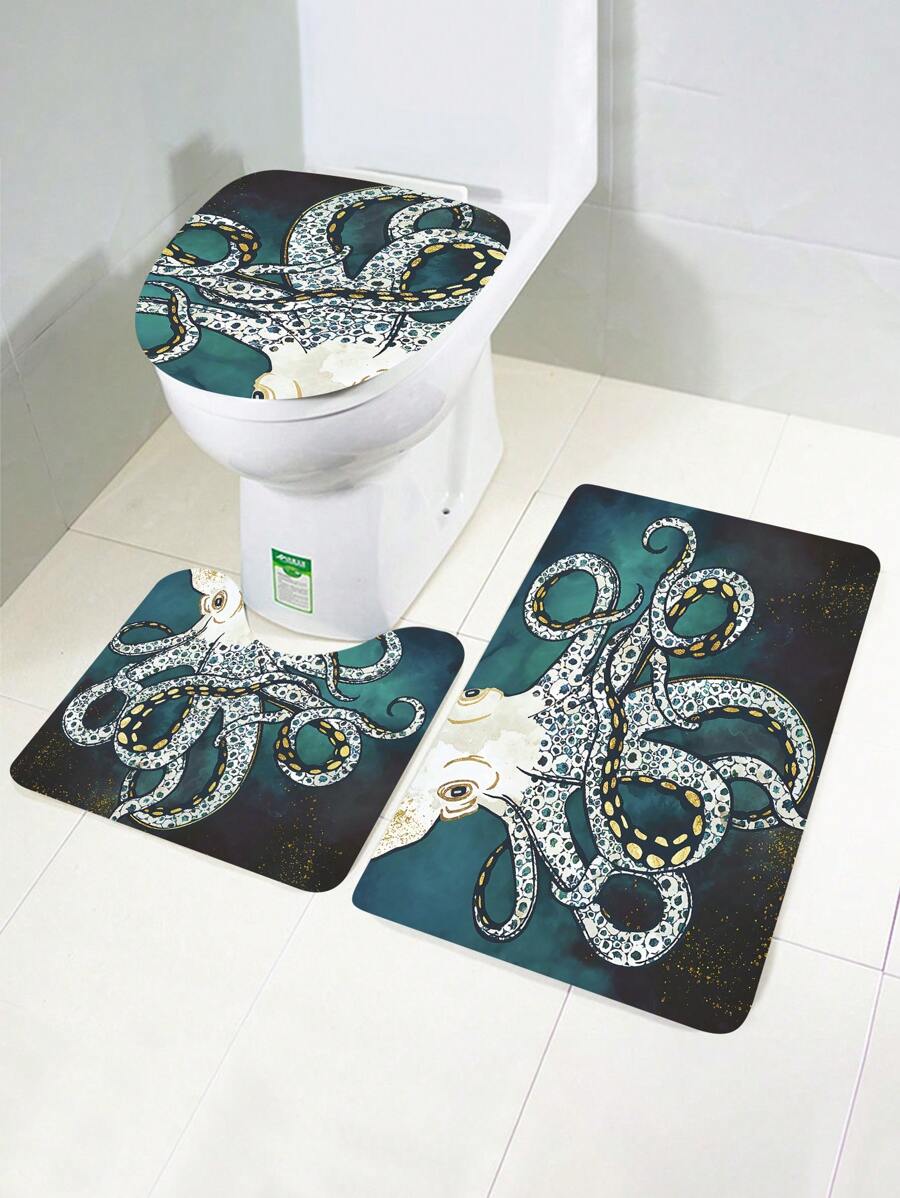1 tấm thảm tắm in hình bạch tuộc, thảm tắm chống trượt hiện đại cho phòng tắm - màu xanh lá - Xem 1
