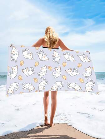 1 件猫咪图案沙滩巾，卡通超细纤维旅行沙滩巾，适合露营、度假夏季旅行、度假海滩必备
