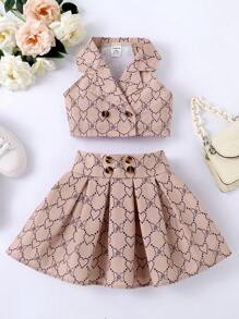 SHEIN 女婴印花双排扣上衣外套和百褶裙 - 卡其色 - 查看 1