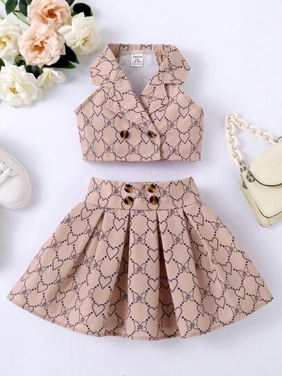 SHEIN Baby Mädchen Zweireihige Weste mit Allover Print und Faltenrock