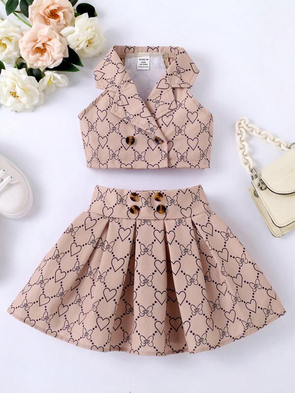 SHEIN Baby Girl Allover Print Double Breasted Vest Jacket & Pleated Skirt
