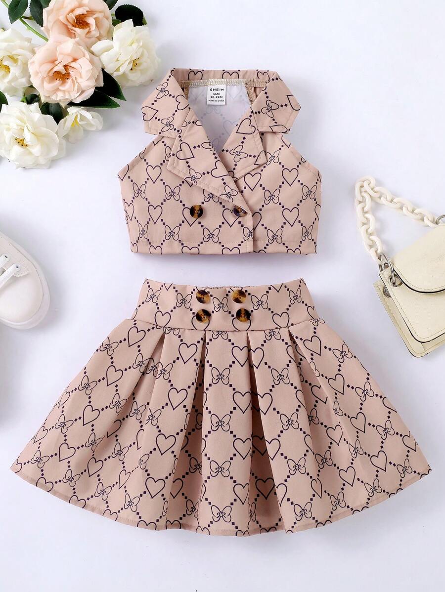 SHEIN 女婴印花双排扣上衣外套和百褶裙 - 卡其色 - 查看 1