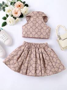 SHEIN 女婴印花双排扣上衣外套和百褶裙 - 卡其色 - 查看 2