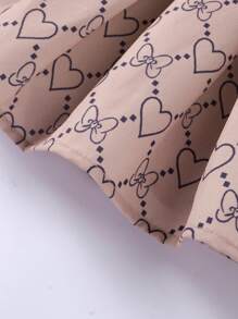 SHEIN 女婴印花双排扣上衣外套和百褶裙 - 卡其色 - 查看 5