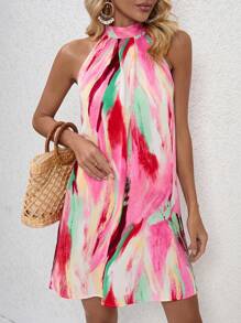 SHEIN VCAY Đầm Buộc lại Tất cả trên in Giải trí - Hồng - Xem 1