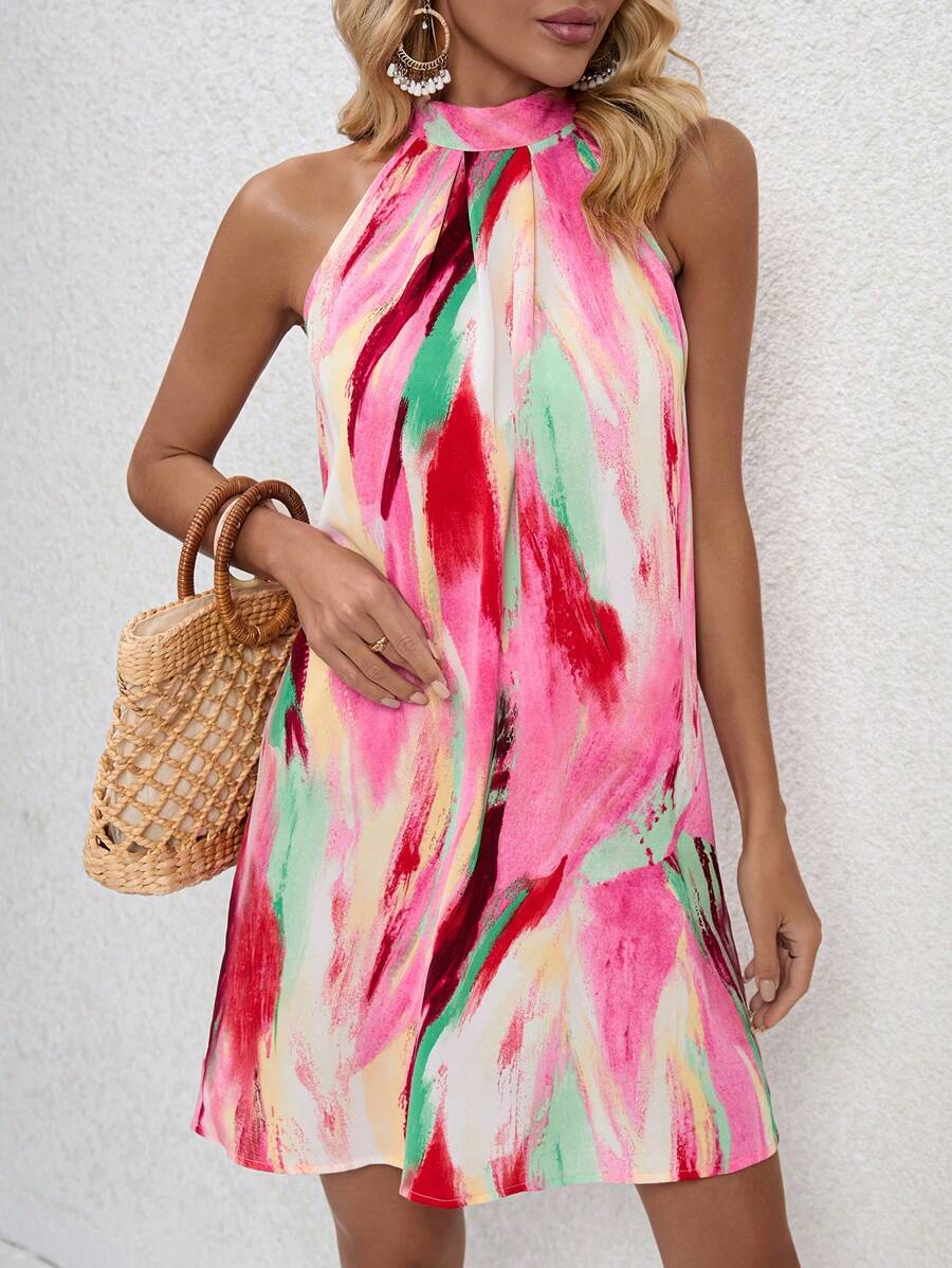 SHEIN VCAY Đầm Buộc lại Tất cả trên in Giải trí - Hồng - Xem 1