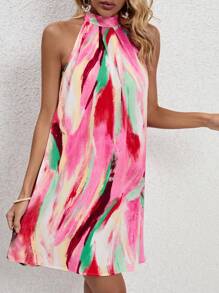 SHEIN VCAY Đầm Buộc lại Tất cả trên in Giải trí - Hồng - Xem 3