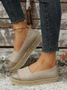 女士輕便金屬亮絲拼塊編織厚底度假亚麻淺口坡跟鞋 - 金色 - 查看 1