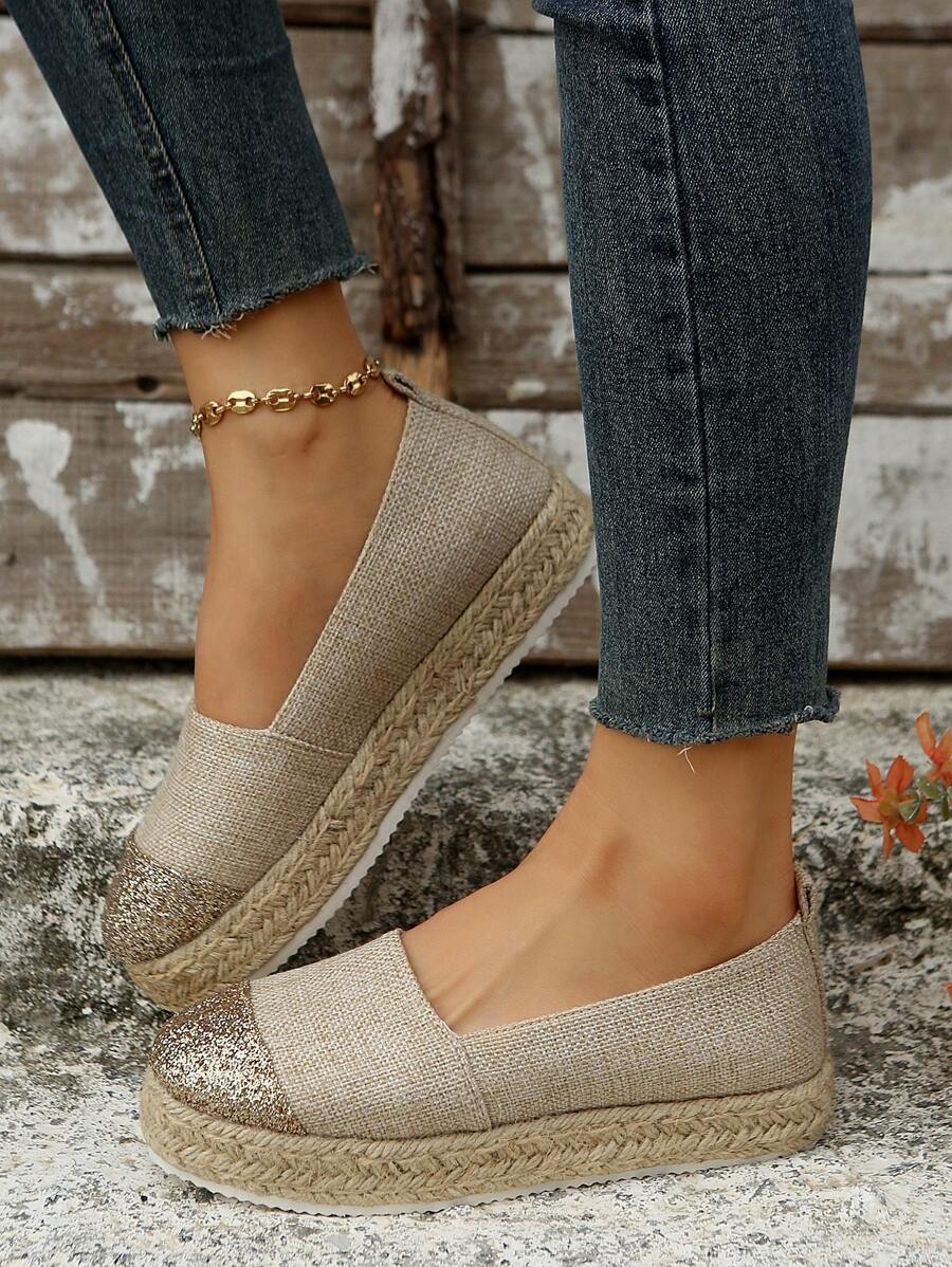 女士輕便金屬亮絲拼塊編織厚底度假亚麻淺口坡跟鞋 - 金色 - 查看 1