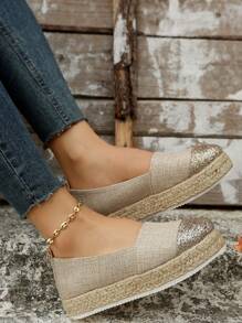 女士輕便金屬亮絲拼塊編織厚底度假亚麻淺口坡跟鞋 - 金色 - 查看 2