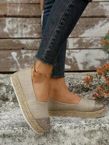 女士輕便金屬亮絲拼塊編織厚底度假亚麻淺口坡跟鞋 - 金色 - 查看 5