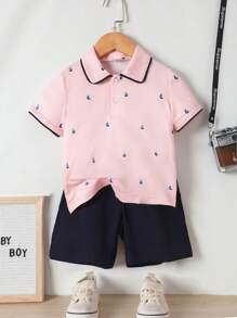 SHEIN 男孩帆船印花撞色口袋polo衫+短褲