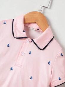 SHEIN 男孩帆船印花撞色口袋polo衫+短褲