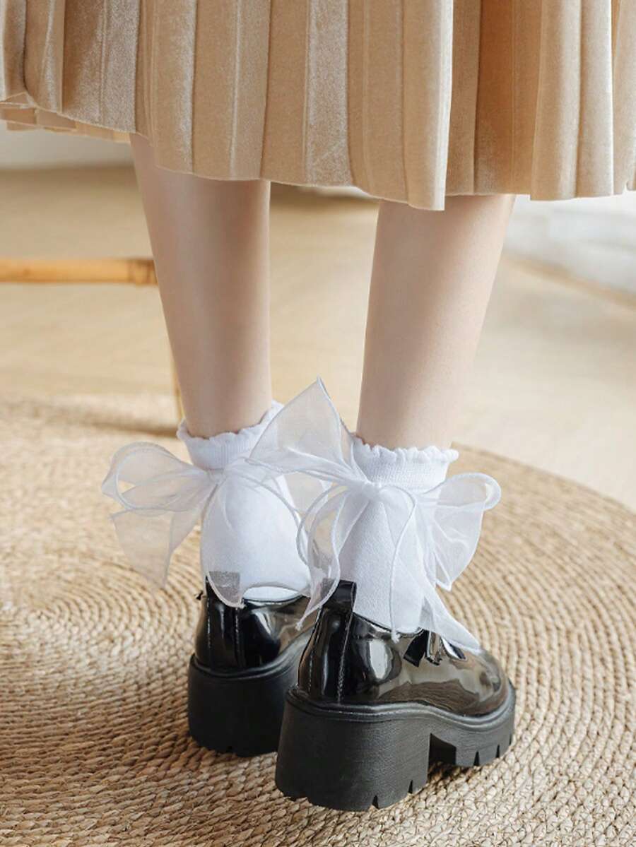 1 Đôi Tất Nữ Trang Trí Nơ Diềm Viền Dễ Thương Tất Cho Cuộc Sống Hàng Ngày - trắng - Xem 1