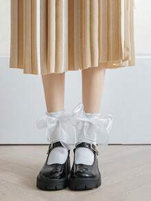 1 Đôi Tất Nữ Trang Trí Nơ Diềm Viền Dễ Thương Tất Cho Cuộc Sống Hàng Ngày - trắng - Xem 4